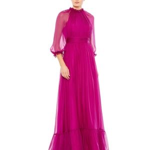 Mac Duggal Ruffled Raglan-Sleeve Chiffon Gown 16 Magenta